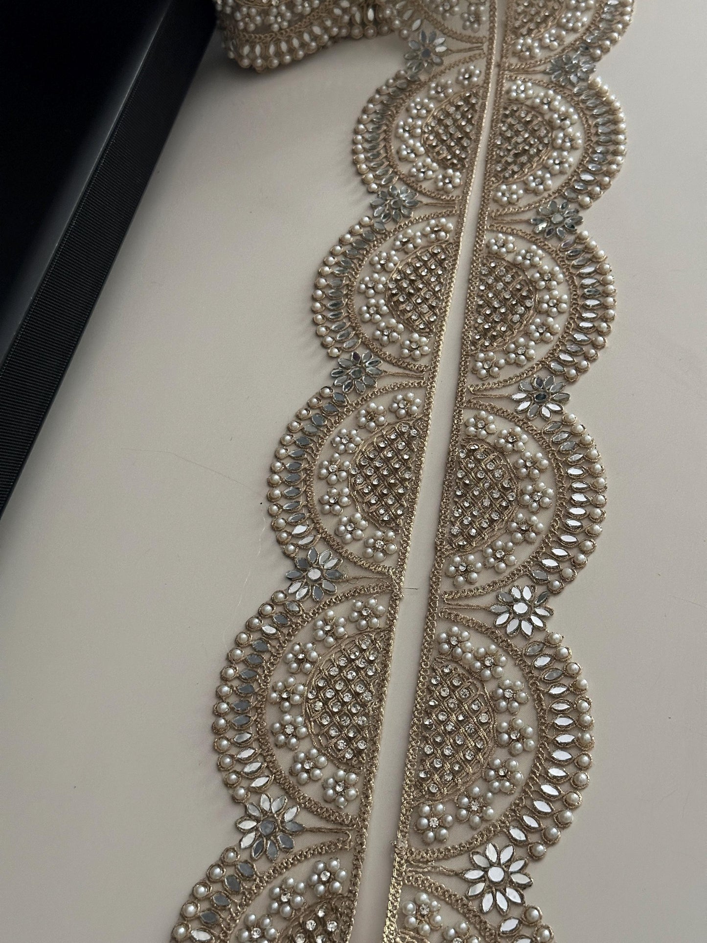 Scalloped Pearl Mirror Lace Trim Wide Gold Embroidered Border for Veils Saree DIY Bridal Decor Designer Indian Craft Ribbon Broad lace