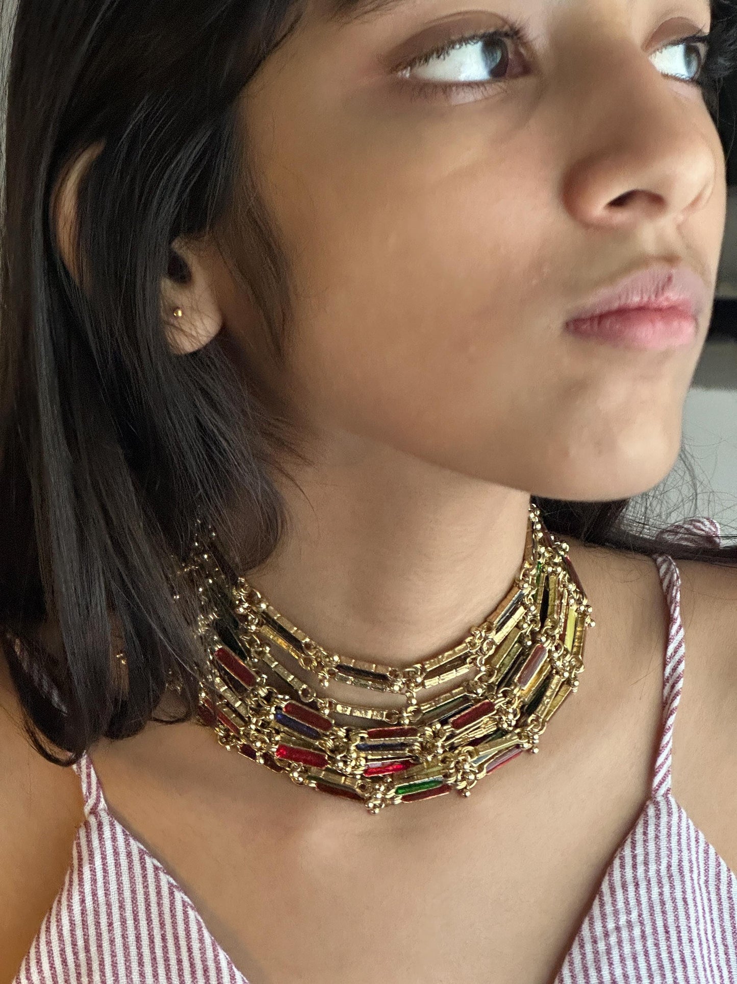 Handmade Multi-Color Enamel Choker Necklace Gold-Plated Festive Statement Jewelry Unique Artisan Gift for Her Indian Ethnic Wedding Jewelry