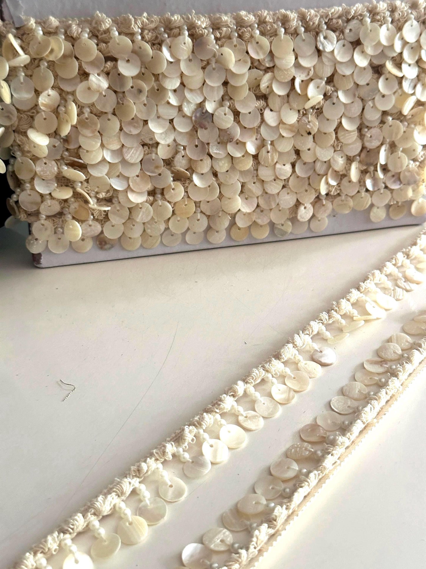 Natural Shell Sequin Lace Trim with Pearls Ivory Macrame Border for Bridal Boho Beachwear DIY Craft & Accessories