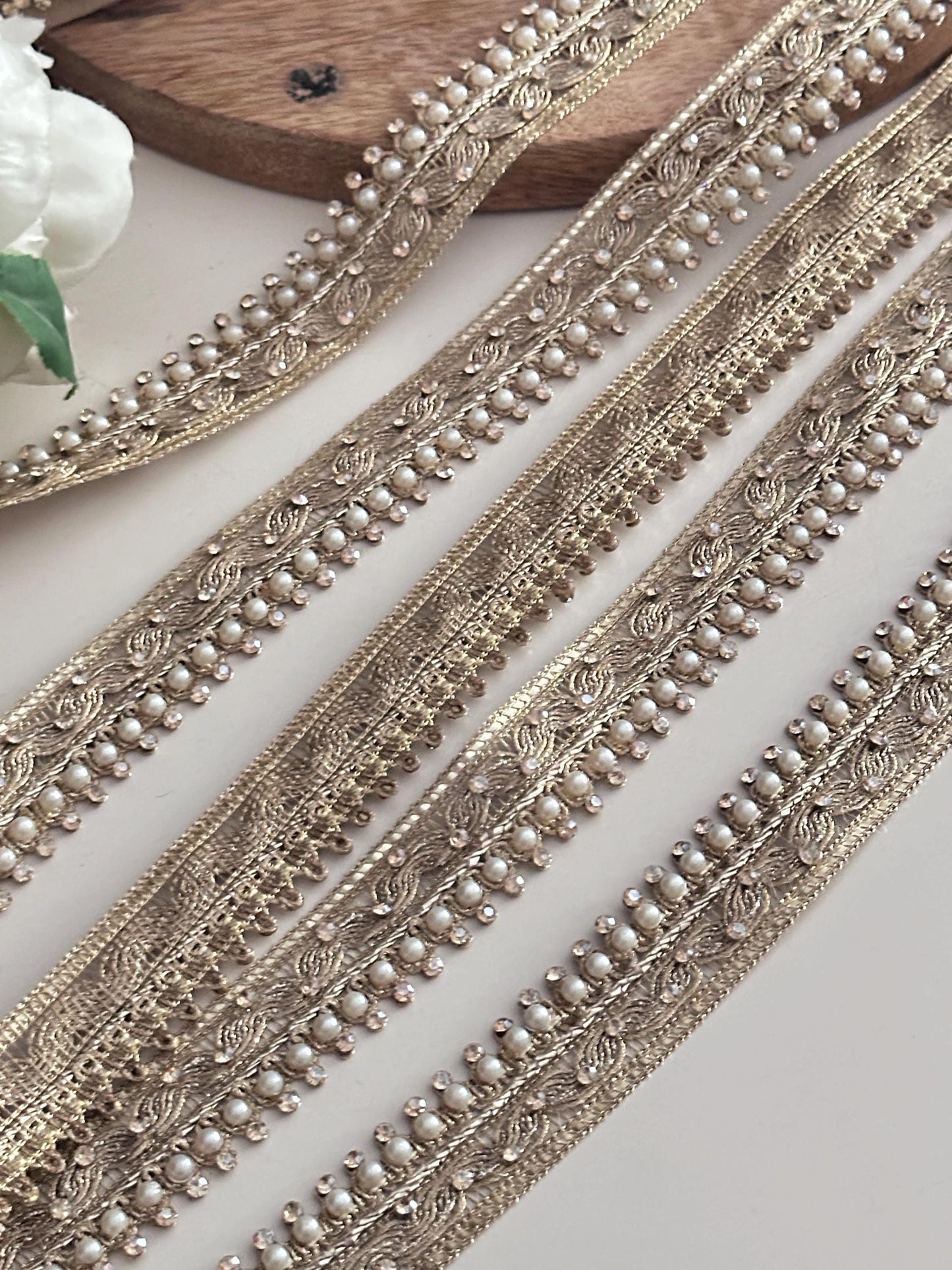 Gold Pearl Beaded Trim Embroidered Lace Saree Border Wedding Dress Trim