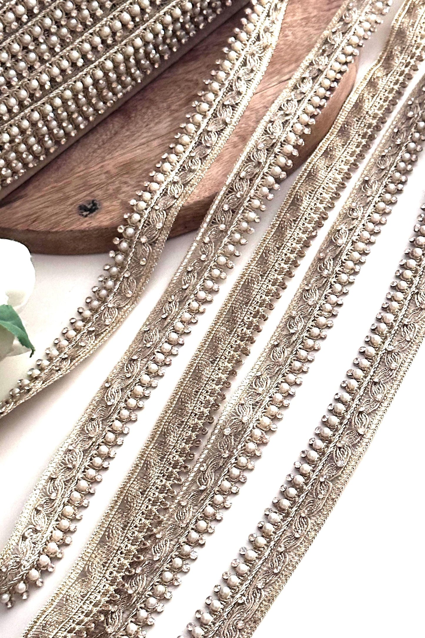 Gold Pearl Beaded Trim Embroidered Lace Saree Border Wedding Dress Trim