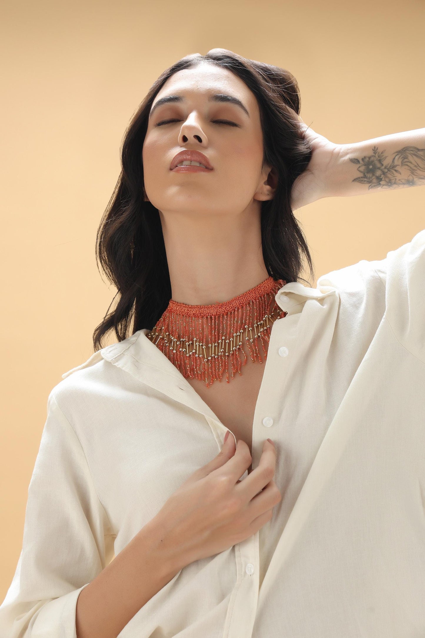 Orange Crystal Tassel Choker – Handmade Boho Statement Necklace – Jhalar Lace Jewelry for Festival & Evening Wear