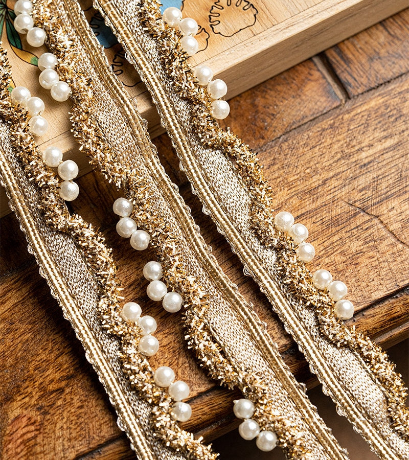 Handmade Pearl Tassel Lace Gold Thread Embroidery Indian Crafting Sew on Trim