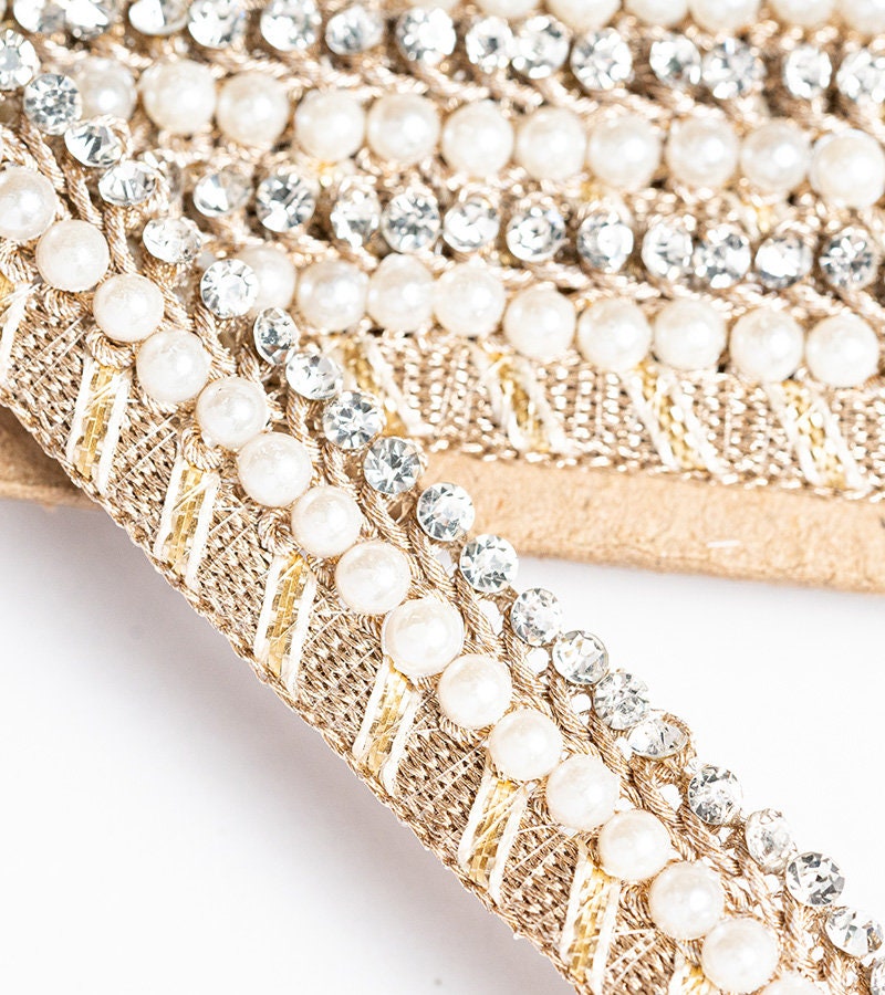 Light Gold Pearl Indian Bridal Belt Handmade Fabric Stone Embellished Crafting Lace