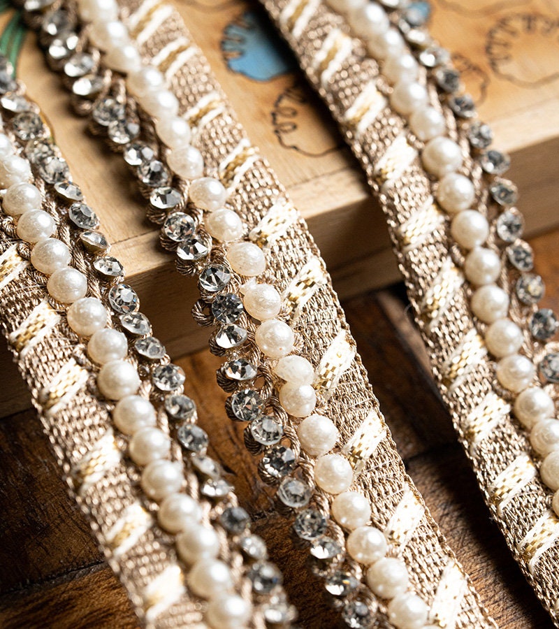 Light Gold Pearl Indian Bridal Belt Handmade Fabric Stone Embellished Crafting Lace
