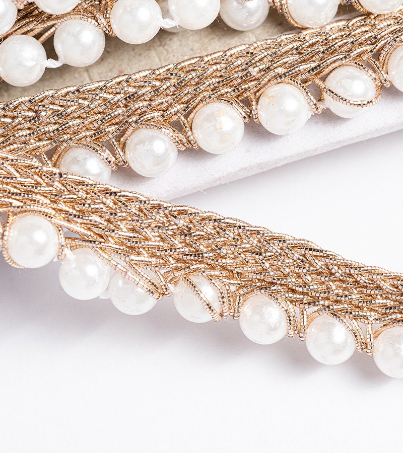 Pearl Seed Bead Metallic Indian Gold Trim Sari Border Lace 9Yard Dupatta Trim for DIY Holiday Gift
