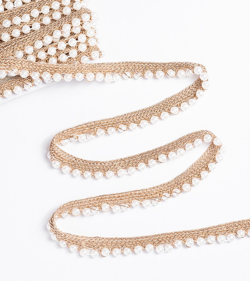 Pearl Seed Bead Metallic Indian Gold Trim Sari Border Lace 9Yard Dupatta Trim for DIY Holiday Gift