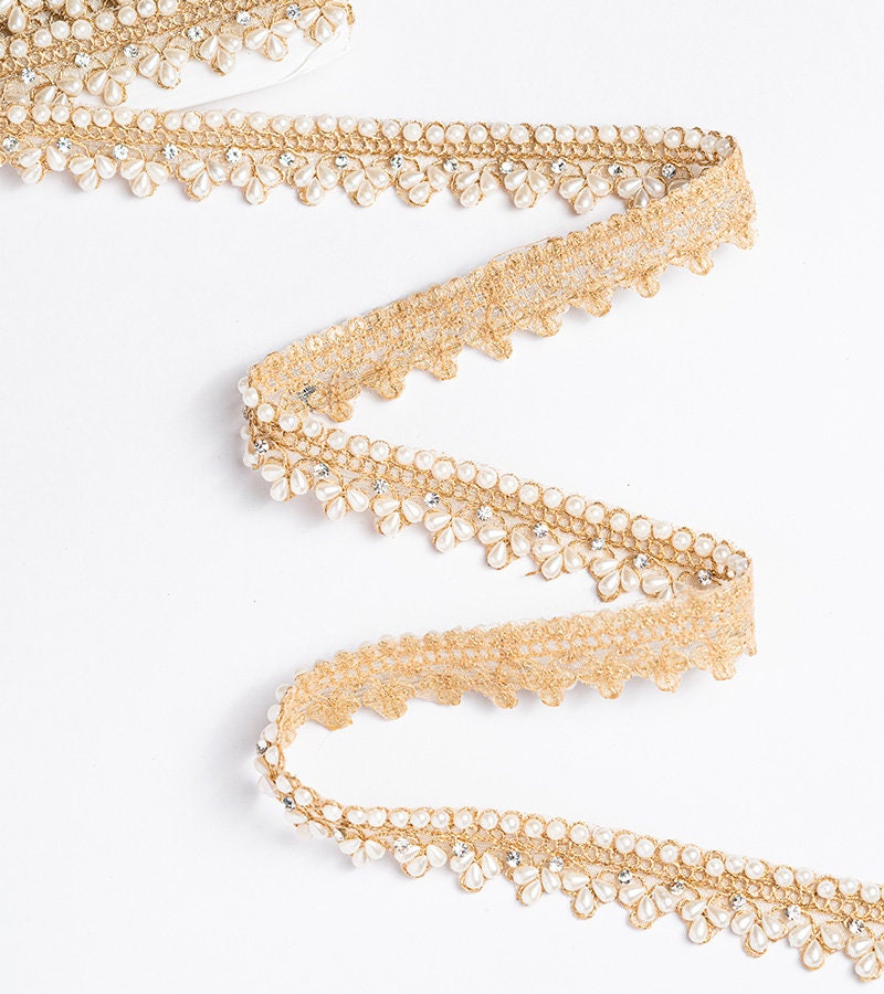 Pale Gold Pearl Bead Lace Indian Zari Stone Work Crafting Lace For Costume Sari Dupatta Edging Lace