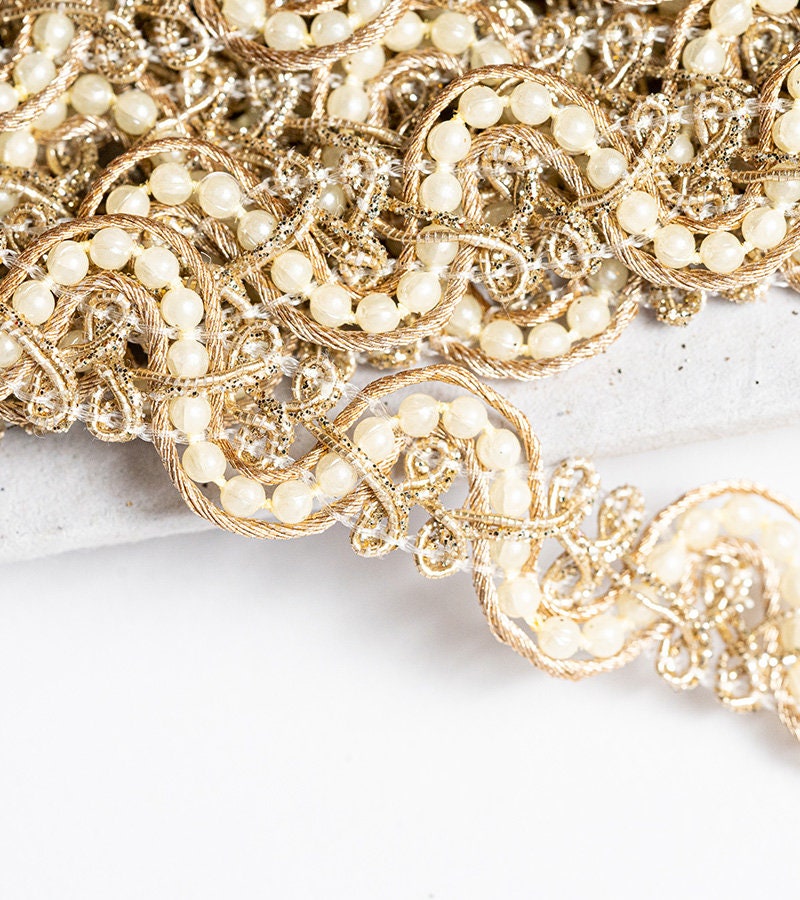 Pearl Seed Indian Gold Trim Sari Lace Dupatta Trim for DIY Holiday Gift Upholstery Crafting Sewing
