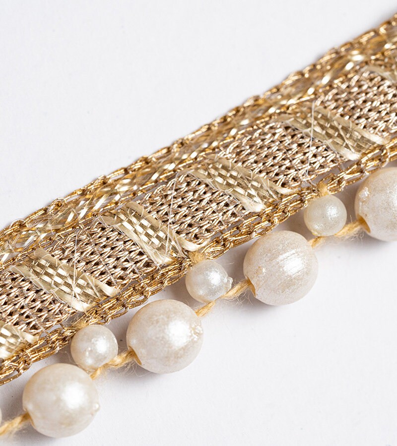Light Gold Pearl Seed Bead Decorative Lace Trim Indian Embroidered Edging Lace
