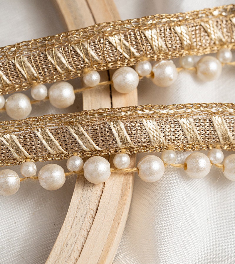 Light Gold Pearl Seed Bead Decorative Lace Trim Indian Embroidered Edging Lace