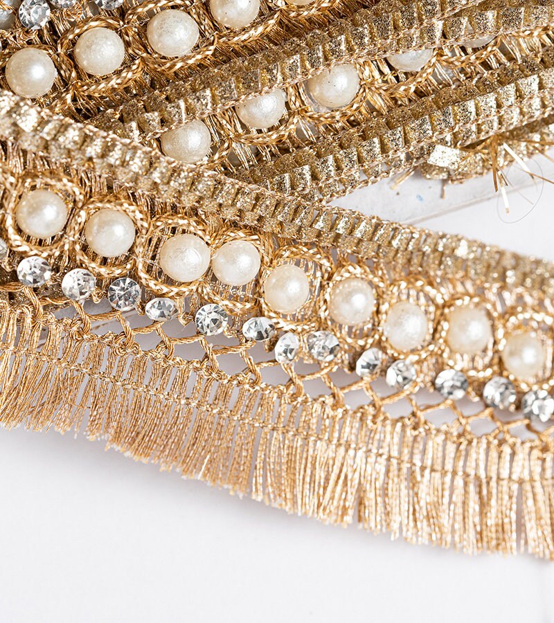 Pearl Crystal Zircon Lace Rhinestone Zari Fringe Lace Tassel Indian Zari Lace For Unique Holiday Gift Décor