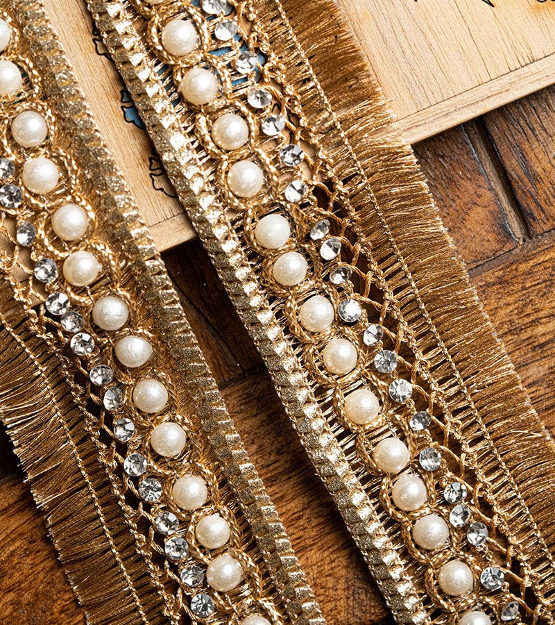 Pearl Crystal Zircon Lace Rhinestone Zari Fringe Lace Tassel Indian Zari Lace For Unique Holiday Gift Décor