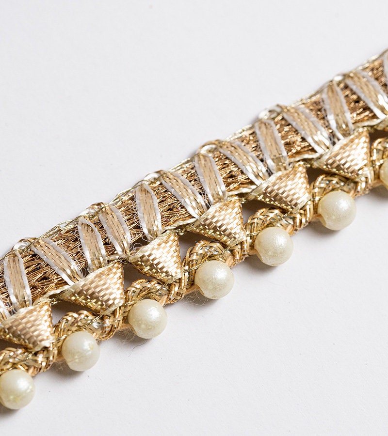 Indian Embroidered Pearl Drop Lace Trim 9m Gold Thread Handmade Ribbon wedding party