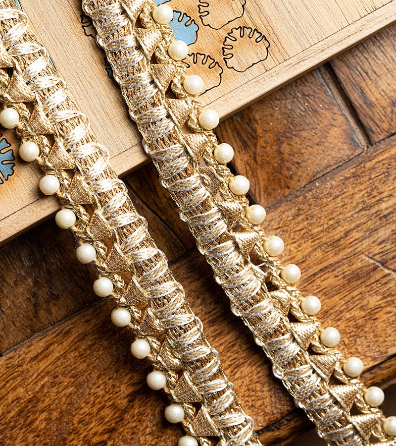 Indian Embroidered Pearl Drop Lace Trim 9m Gold Thread Handmade Ribbon wedding party