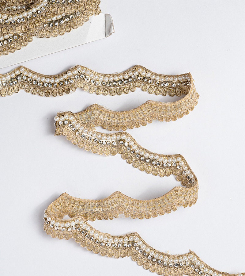 Pearl and zircon Lace Trim 1 yard Sew-on Saree Tassel Chain DIY Bridal Belts