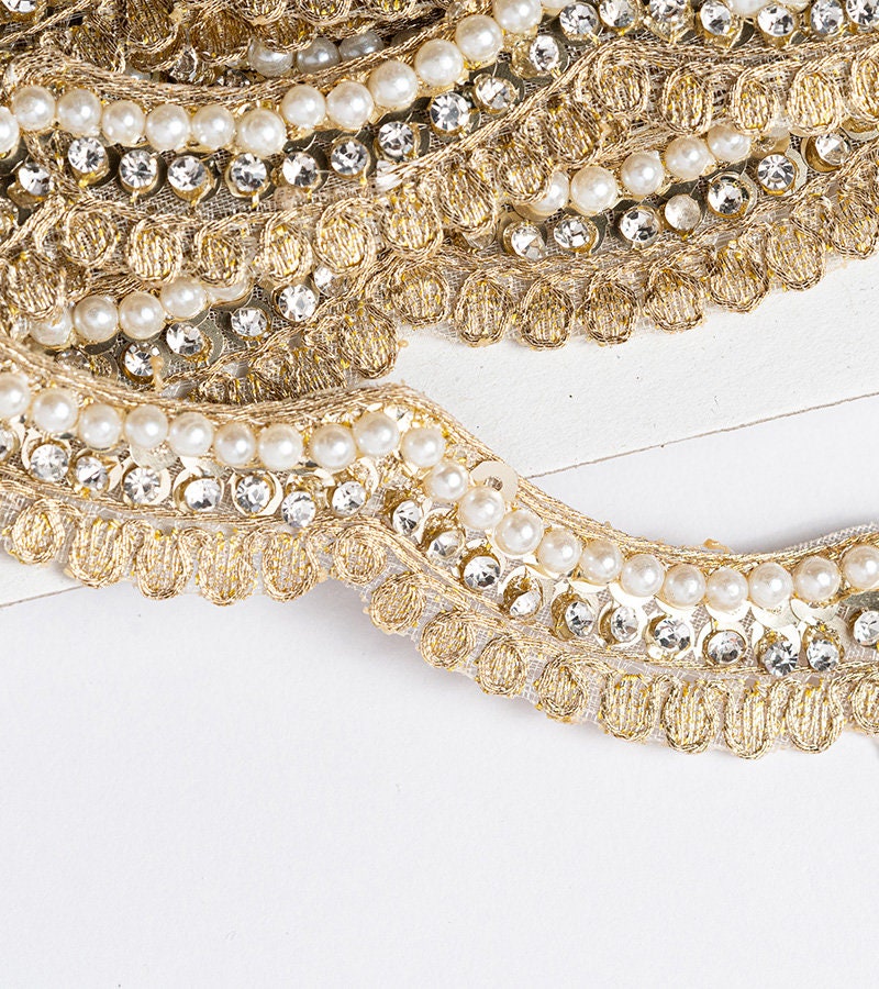 Pearl and zircon Lace Trim 1 yard Sew-on Saree Tassel Chain DIY Bridal Belts