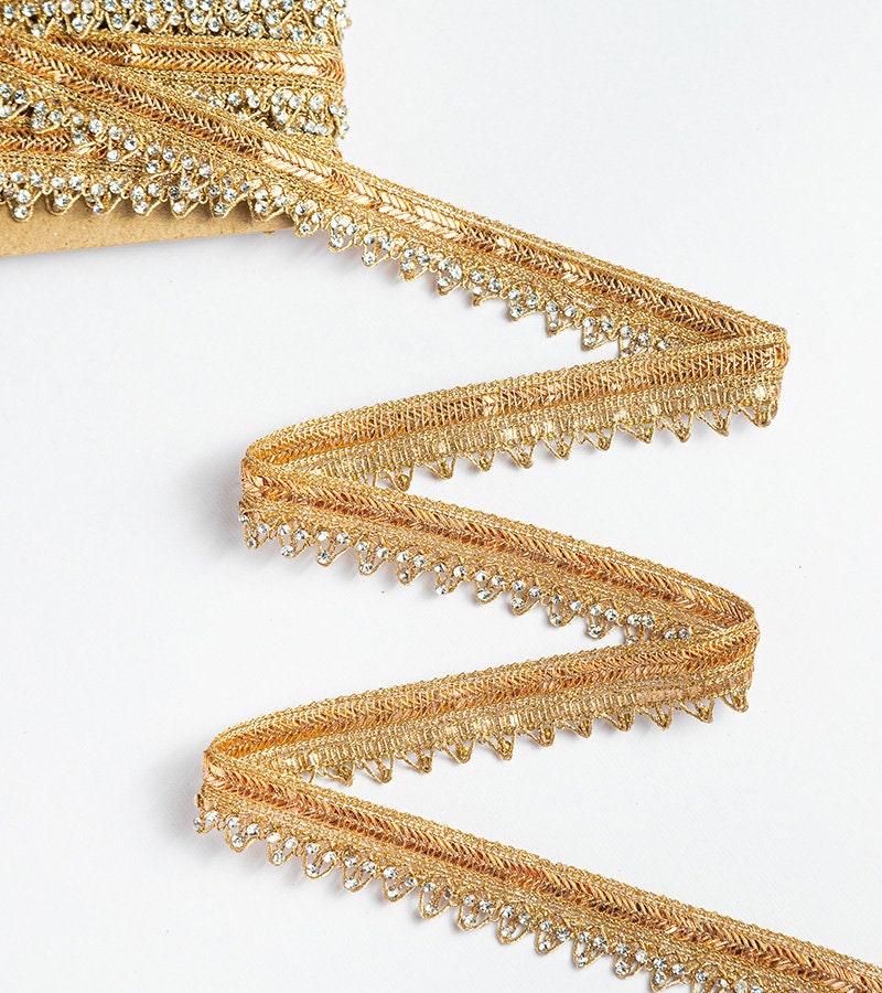 Indian Metallic Lace With Rhinestone Shiny Lace Edging Trim For Sari Border Dupatta Trim