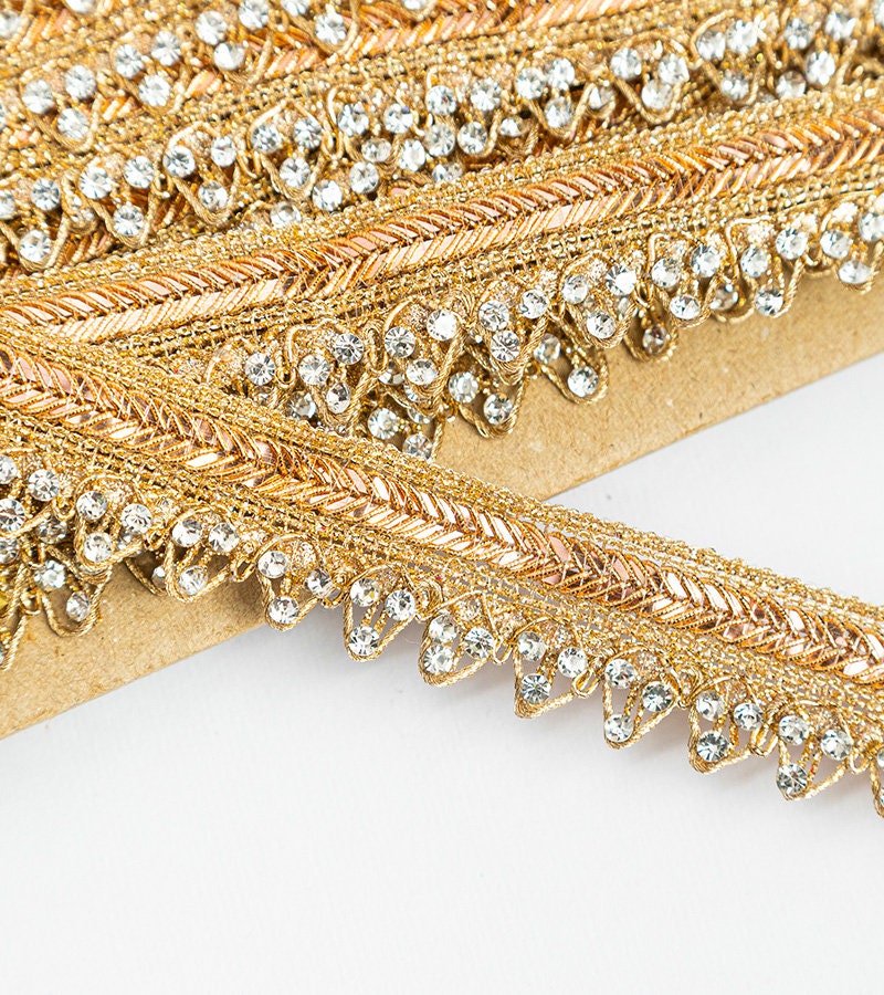 Indian Metallic Lace With Rhinestone Shiny Lace Edging Trim For Sari Border Dupatta Trim