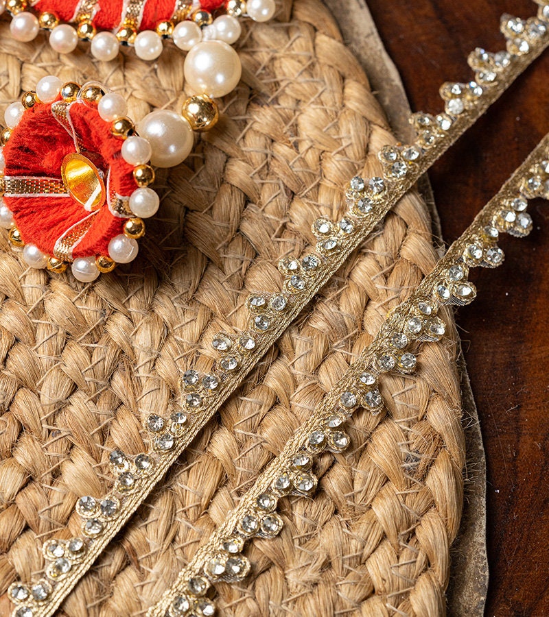 Rhinestone Embellished Ribbon Lace trim Gold Colour 1cm Zari fabric work for Dupatta custom party Sewing Crafting supplies Costume 9mtr