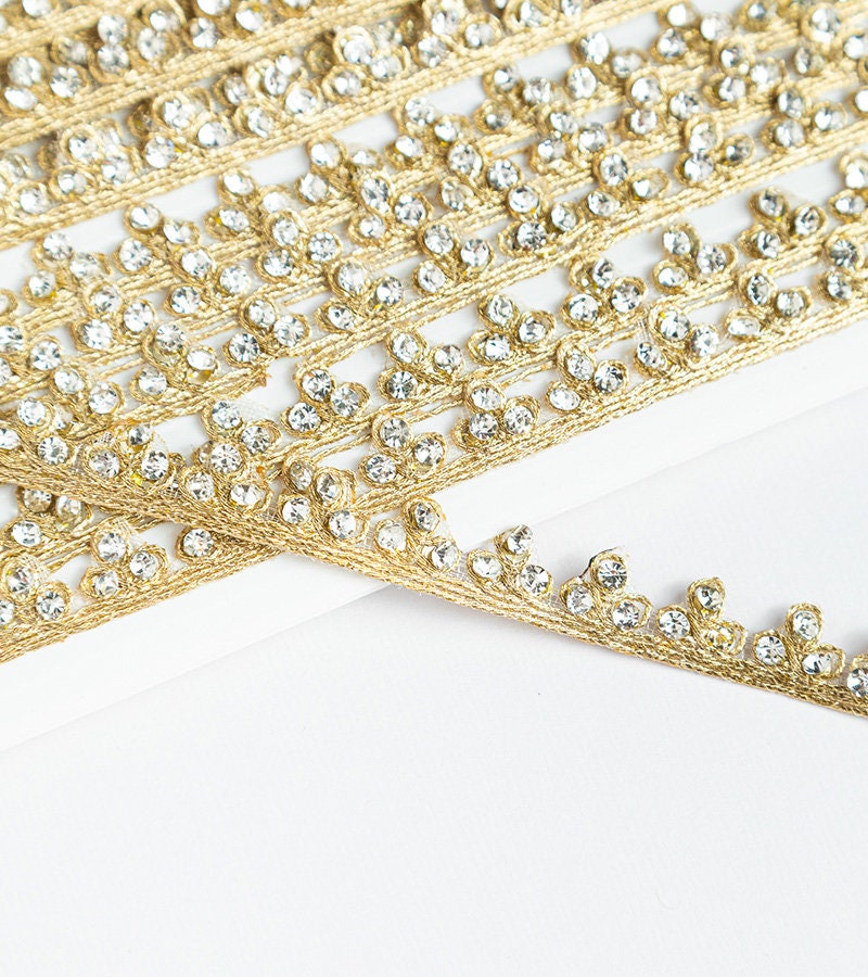 Rhinestone Embellished Ribbon Lace trim Gold Colour 1cm Zari fabric work for Dupatta custom party Sewing Crafting supplies Costume 9mtr