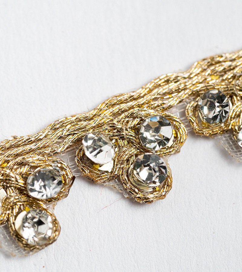 Rhinestone Embellished Ribbon Lace trim Gold Colour 1cm Zari fabric work for Dupatta custom party Sewing Crafting supplies Costume 9mtr