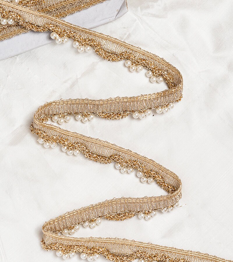 Handmade Pearl Tassel Lace Gold Thread Embroidery Indian Crafting Sew on Trim