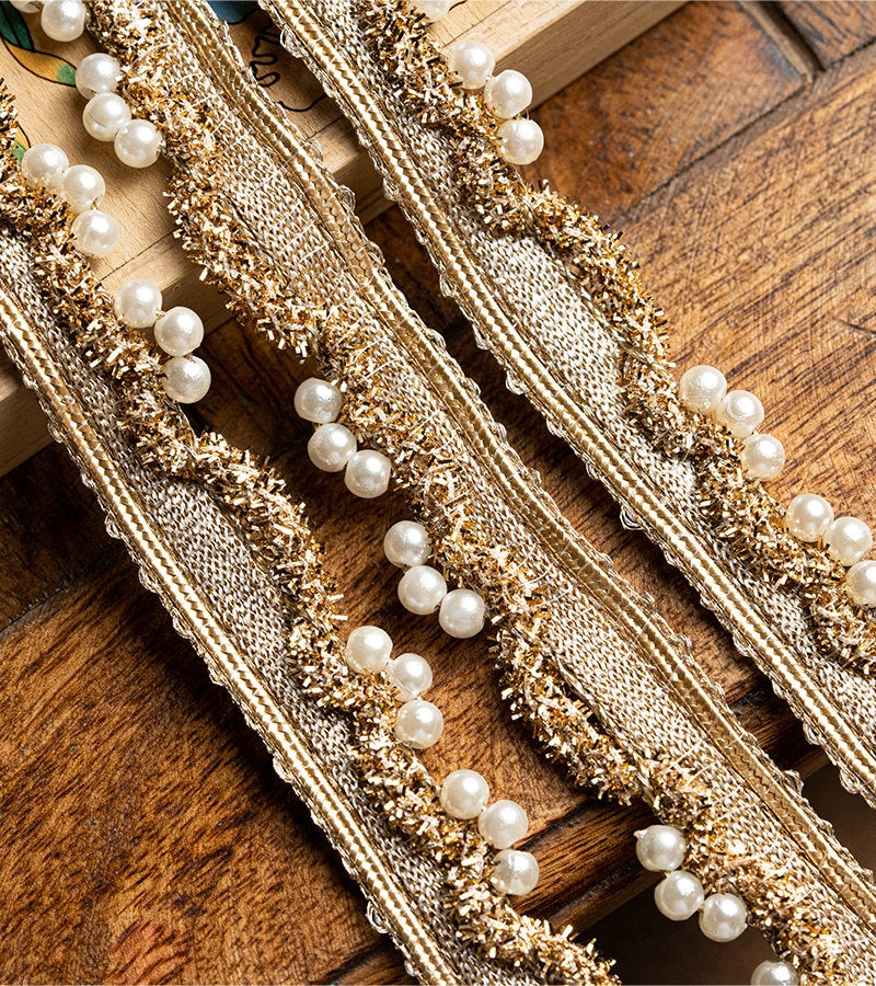 Handmade Pearl Tassel Lace Gold Thread Embroidery Indian Crafting Sew on Trim