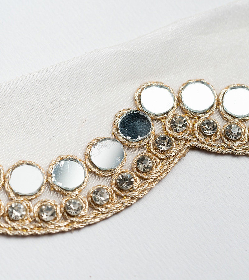 Mirror Scallop Indian Embroidery Embellished Fabric Trim ribbon for Sari Lehenga Gown