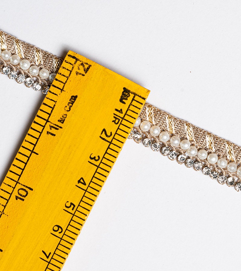 Light Gold Pearl Indian Bridal Belt Handmade Fabric Stone Embellished Crafting Lace