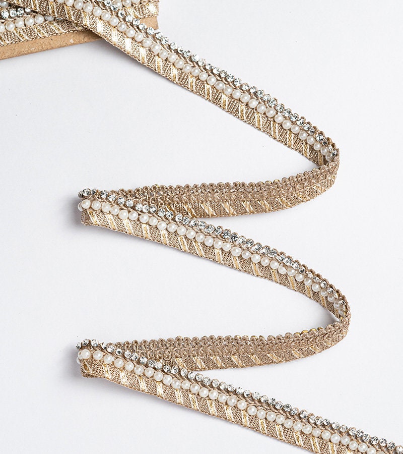 Light Gold Pearl Indian Bridal Belt Handmade Fabric Stone Embellished Crafting Lace