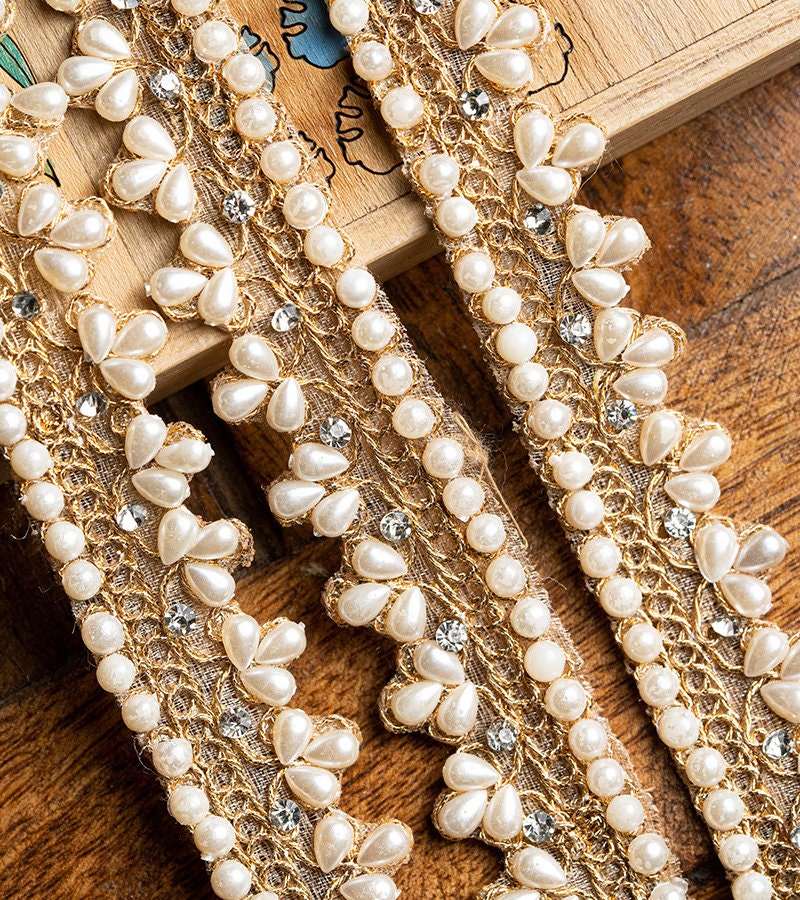 Pale Gold Pearl Bead Lace Indian Zari Stone Work Crafting Lace For Costume Sari Dupatta Edging Lace