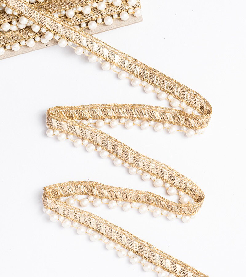 Light Gold Pearl Seed Bead Decorative Lace Trim Indian Embroidered Edging Lace