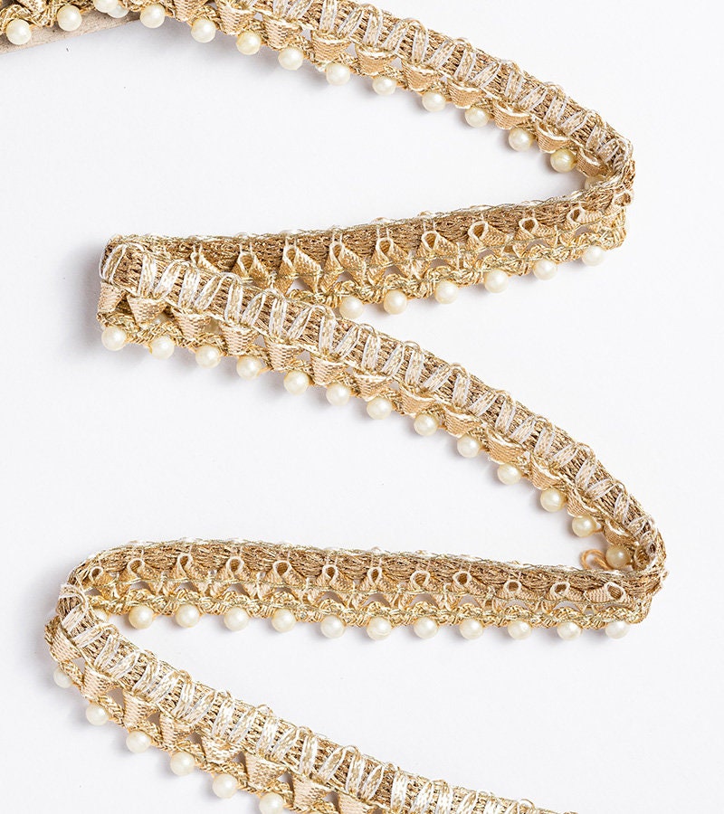 Indian Embroidered Pearl Drop Lace Trim 9m Gold Thread Handmade Ribbon wedding party