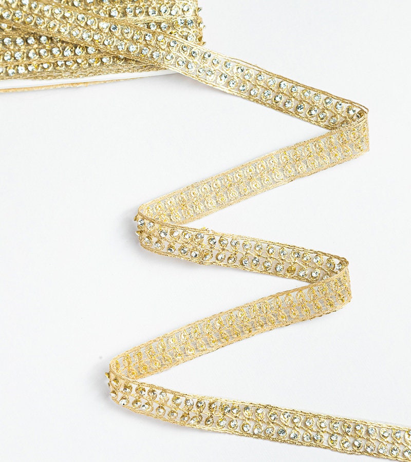 Pearl Embellished Ribbon On Tulle Fabric Gold Thread Decorative Ribbon Lace