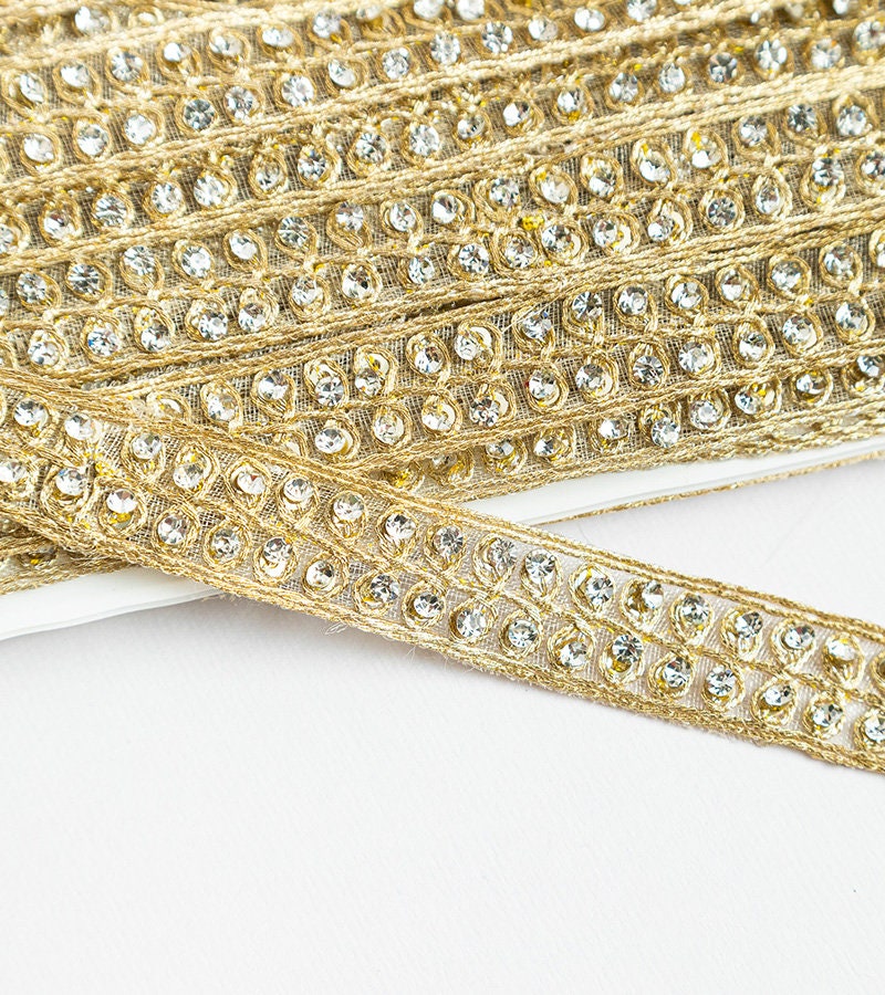 Pearl Embellished Ribbon On Tulle Fabric Gold Thread Decorative Ribbon Lace