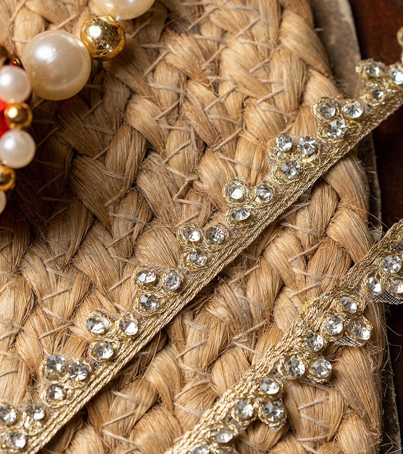 Rhinestone Embellished Ribbon Lace trim Gold Colour 1cm Zari fabric work for Dupatta custom party Sewing Crafting supplies Costume 9mtr