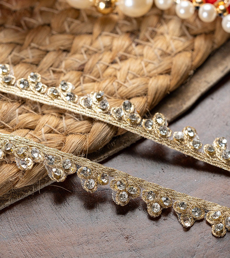 Rhinestone Embellished Ribbon Lace trim Gold Colour 1cm Zari fabric work for Dupatta custom party Sewing Crafting supplies Costume 9mtr