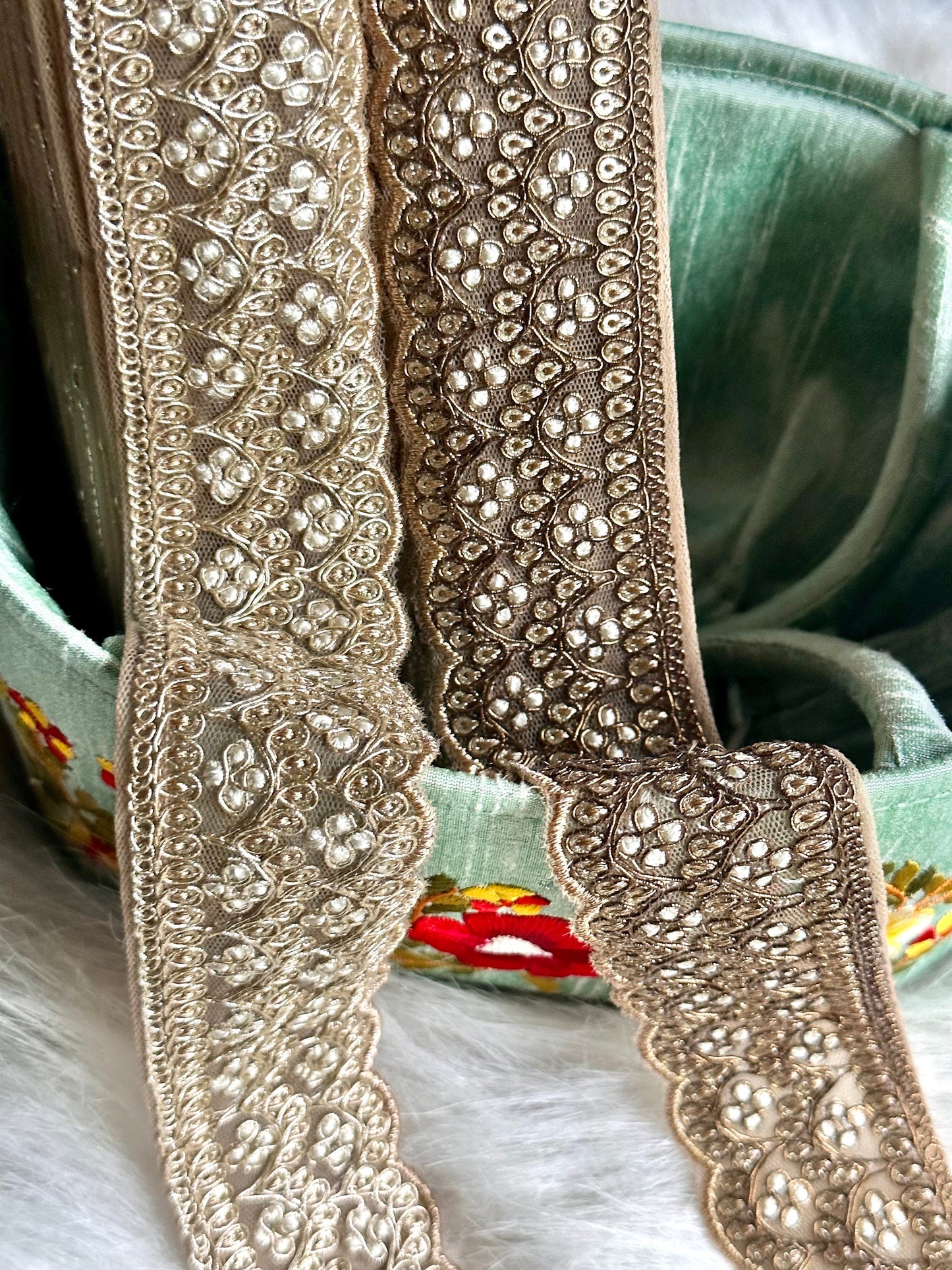 Zari Embroidered Threadwork dabka antique and gold Indian trim Tradition Indian Handwork
