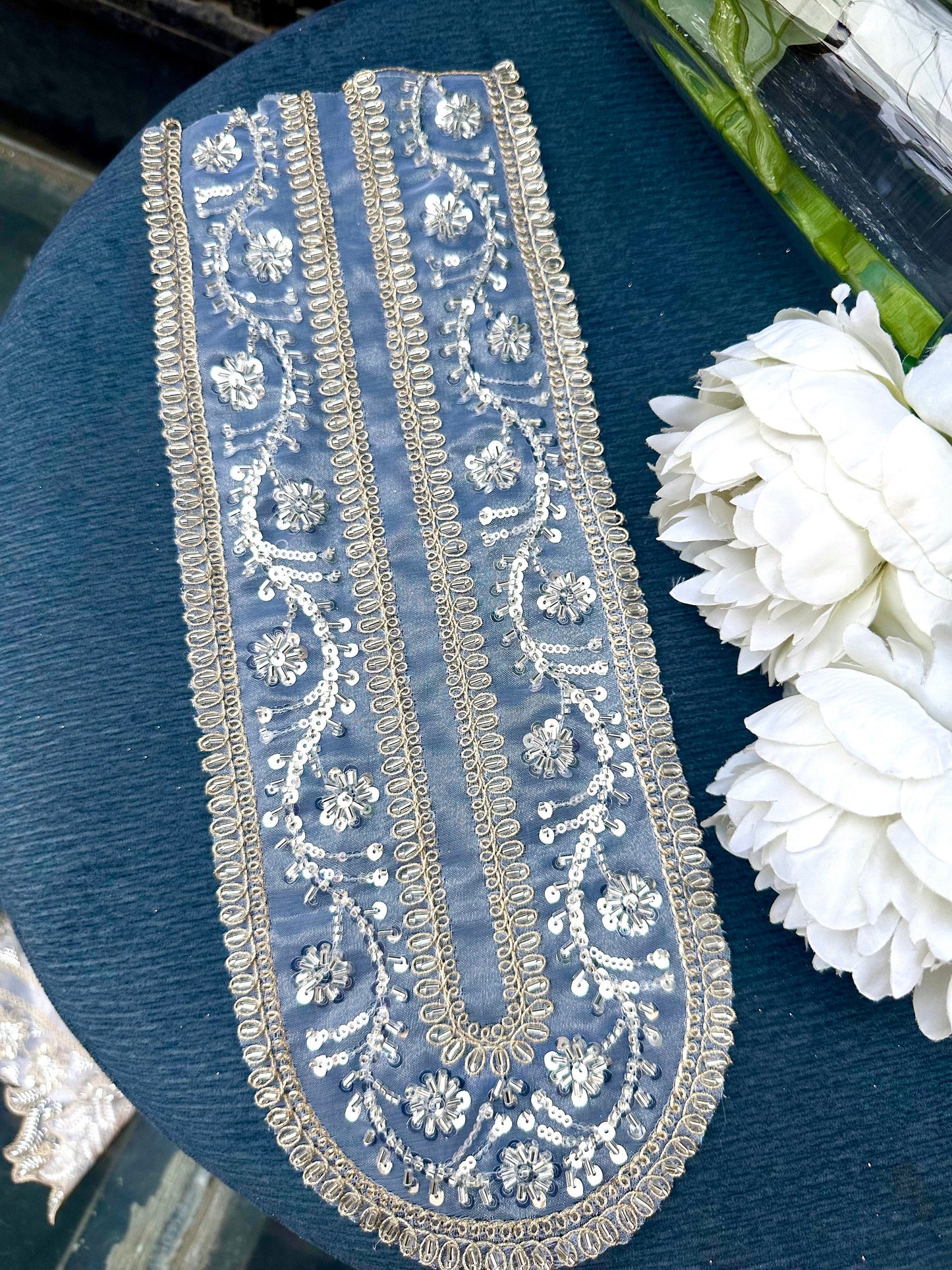 Neckline Patch Applique Zircon Glass Bead Minimalist Glittery Vine Design Applique