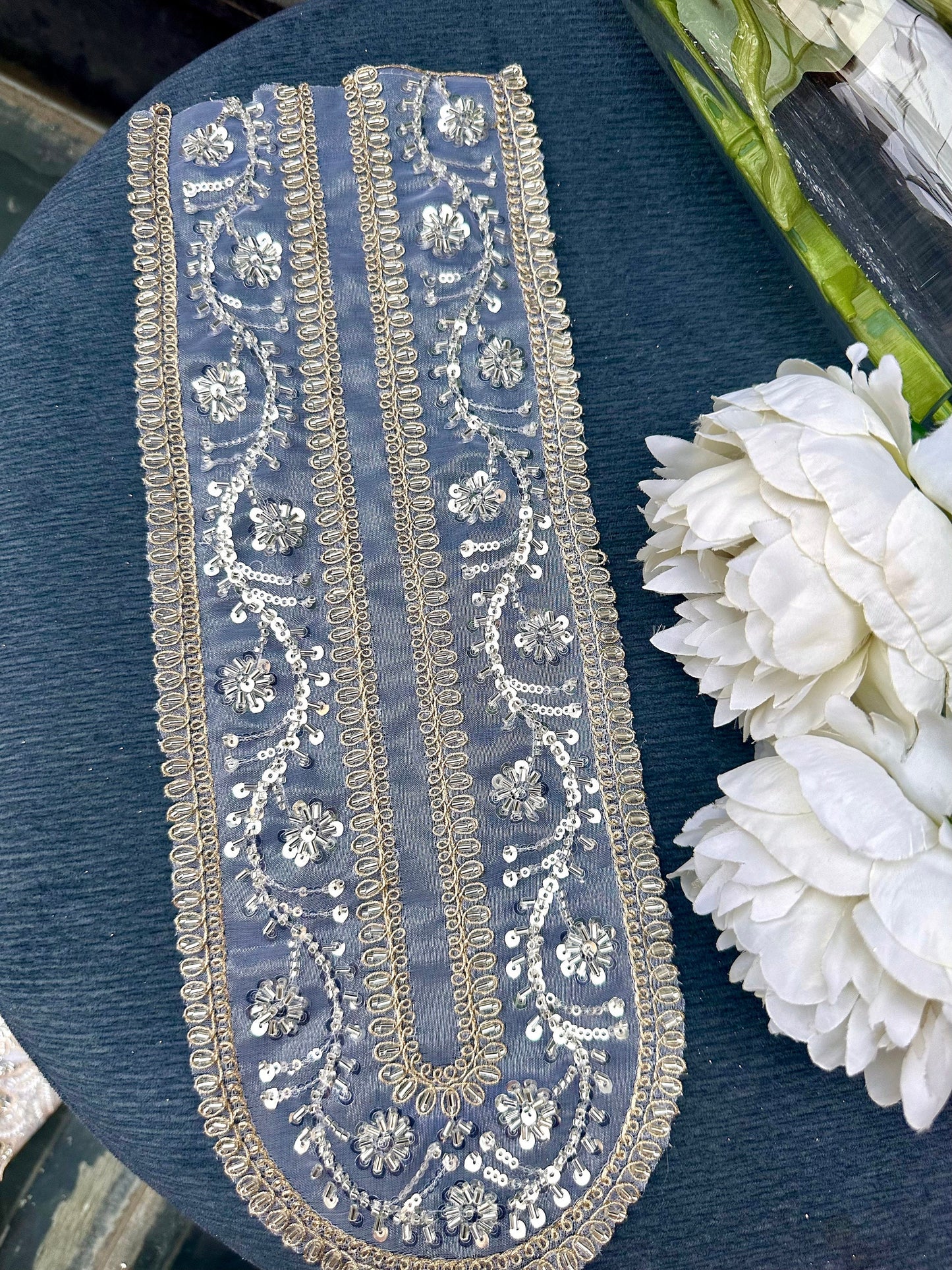 Neckline Patch Applique Zircon Glass Bead Minimalist Glittery Vine Design Applique