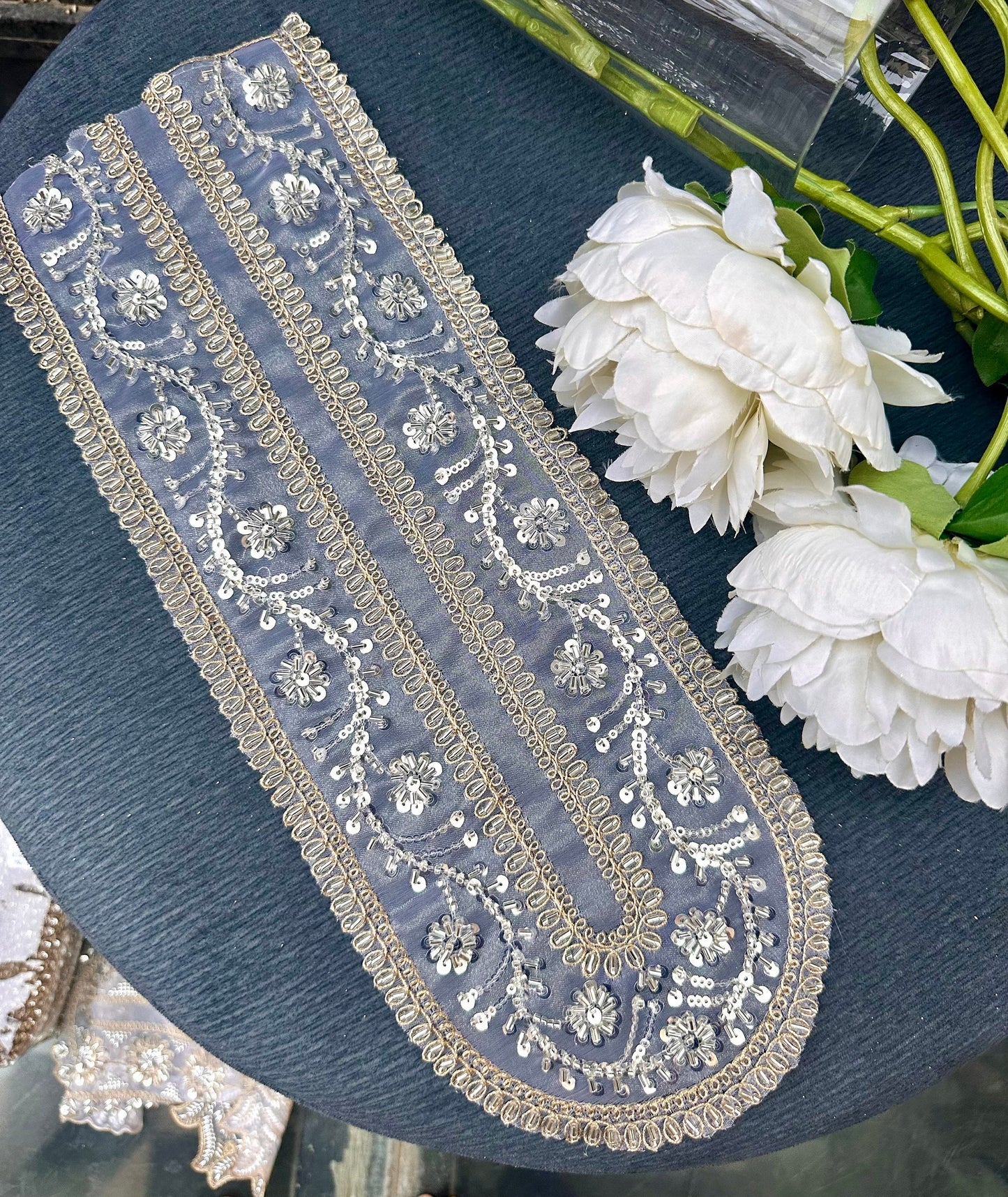 Neckline Patch Applique Zircon Glass Bead Minimalist Glittery Vine Design Applique