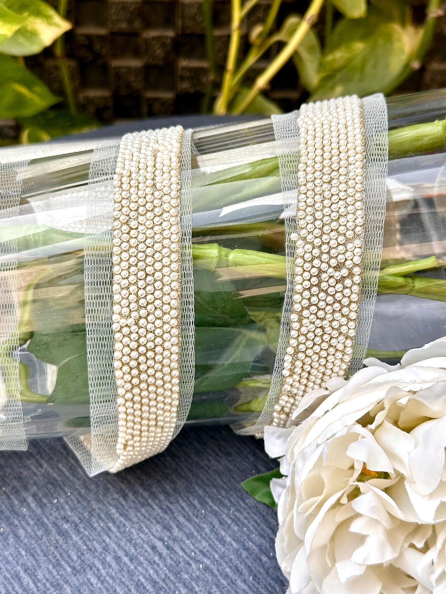 Pearl Seed Bead Embroidery Trim Western Bridal Sash Veil Trim Wedding Dress Lace