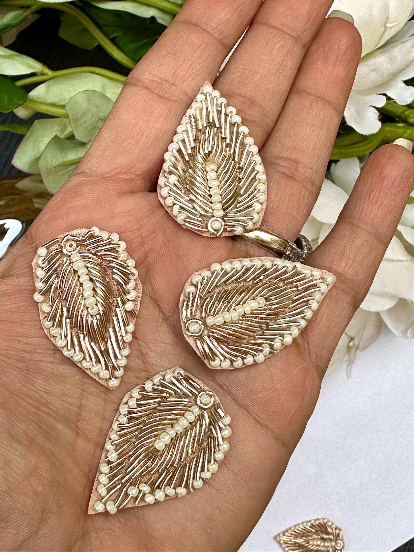 Handmade Zardozi Applique Pearl Embellished Leaf-Shaped Applique