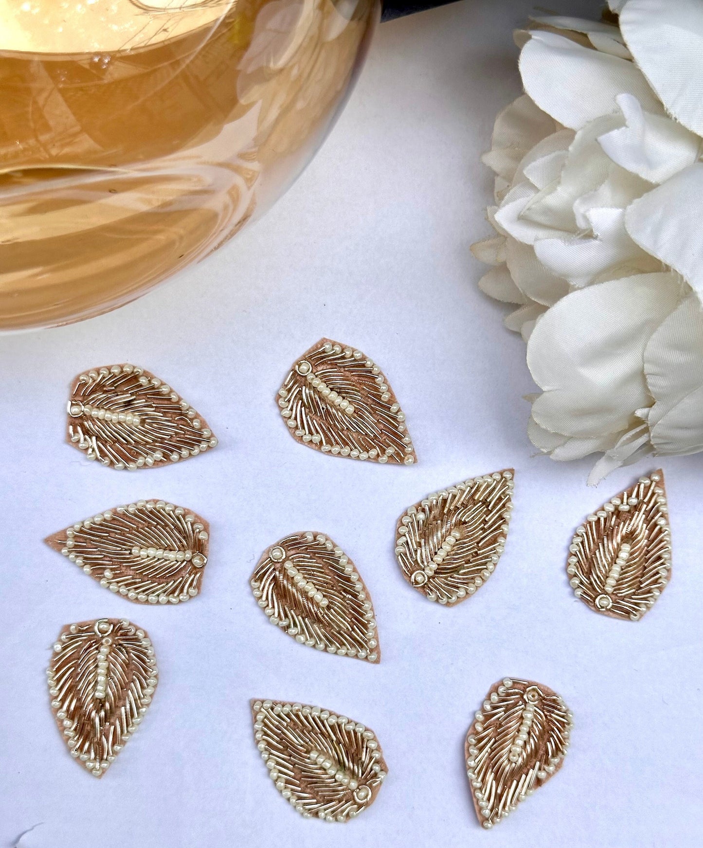 Handmade Zardozi Applique Pearl Embellished Leaf-Shaped Applique