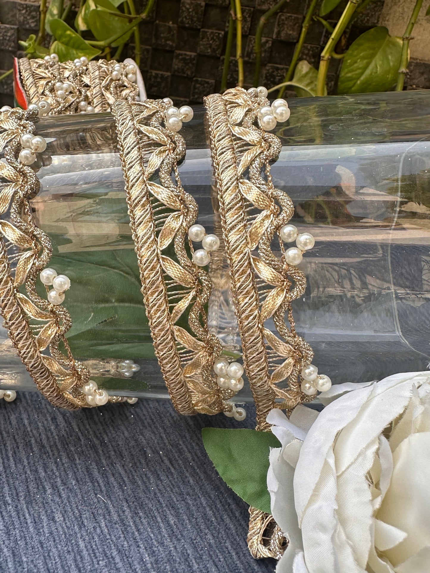 Gold Pearl Fabric Trim Bridal Edging Dupatta Lace Wedding Dress Costume Accessory DIY Crafting Sew On Trim