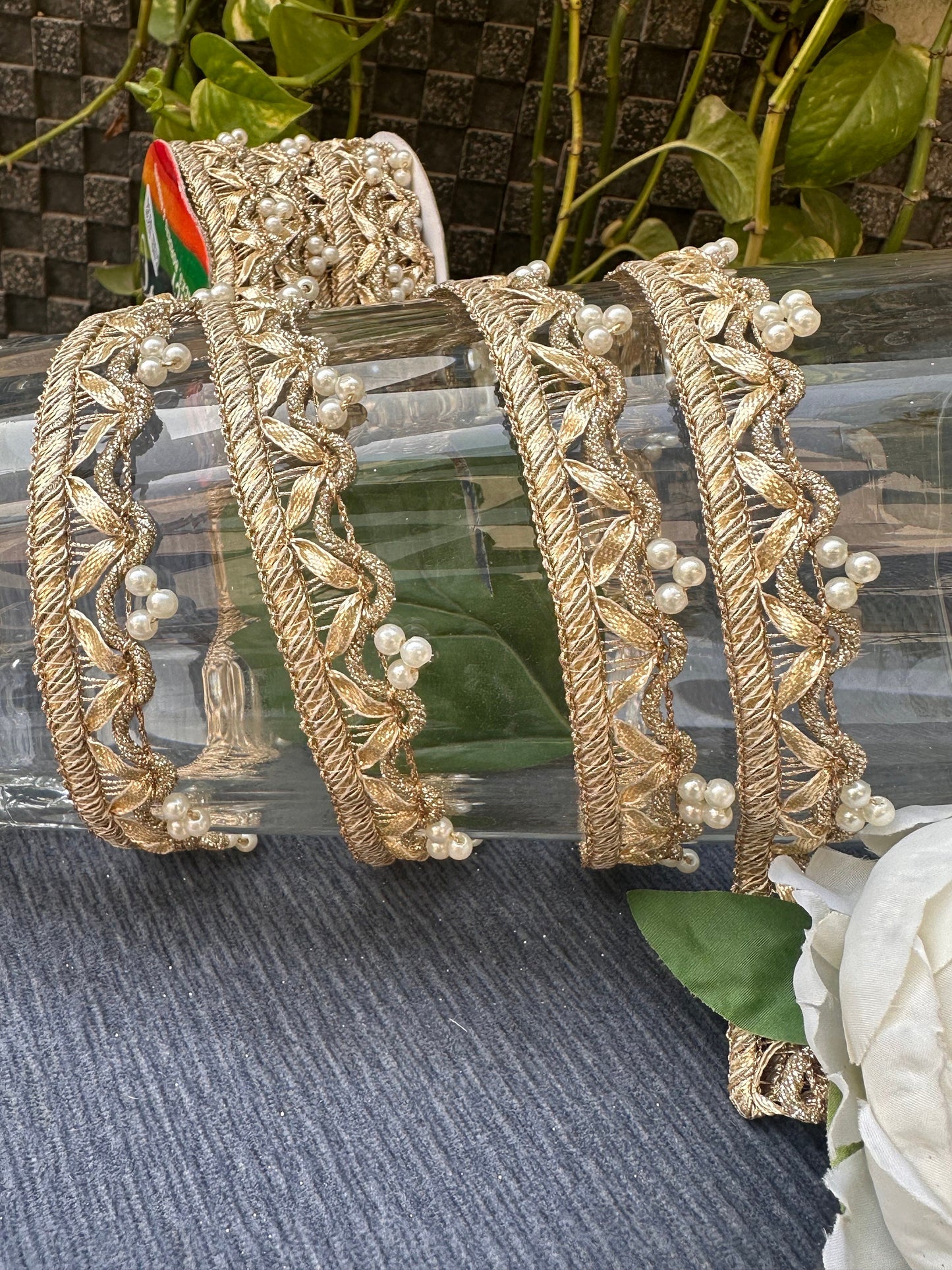 Gold Pearl Fabric Trim Bridal Edging Dupatta Lace Wedding Dress Costume Accessory DIY Crafting Sew On Trim