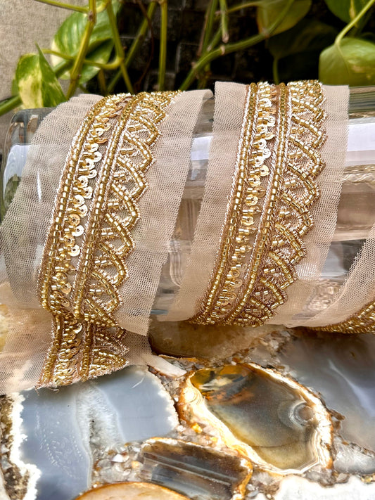 Glass bead ribbon zari crystal gold work 3cm wide 1yard