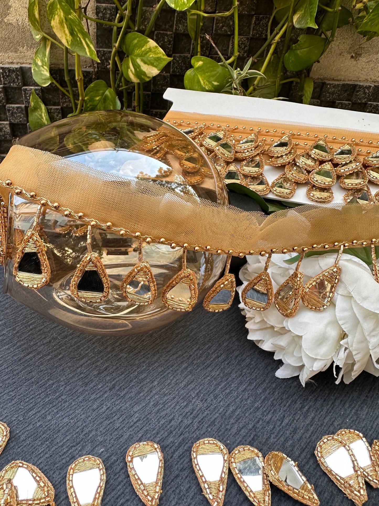 Indian Glass Bead Boho Mirror Tassel Fringe Lace Trim 4.5cm Drop Belly Dance