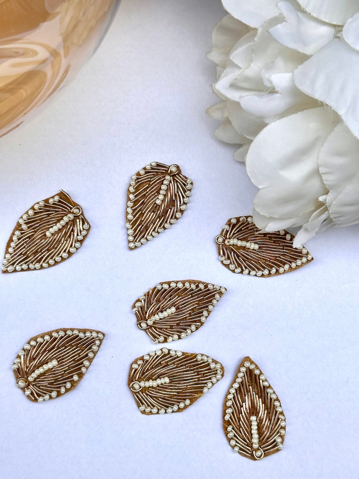Handmade Zardozi Applique Pearl Embellished Leaf-Shaped Applique